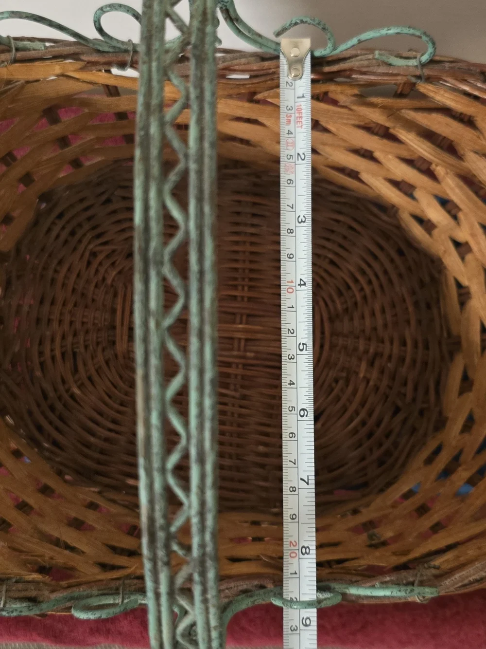 Vintage Farmhouse Wicker Basket with Green Metal Handle & Sunflower Accents